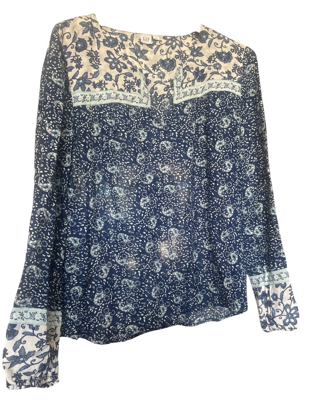 GAP Sheer Navy and Cream Floral Long-Sleeve Blouse
